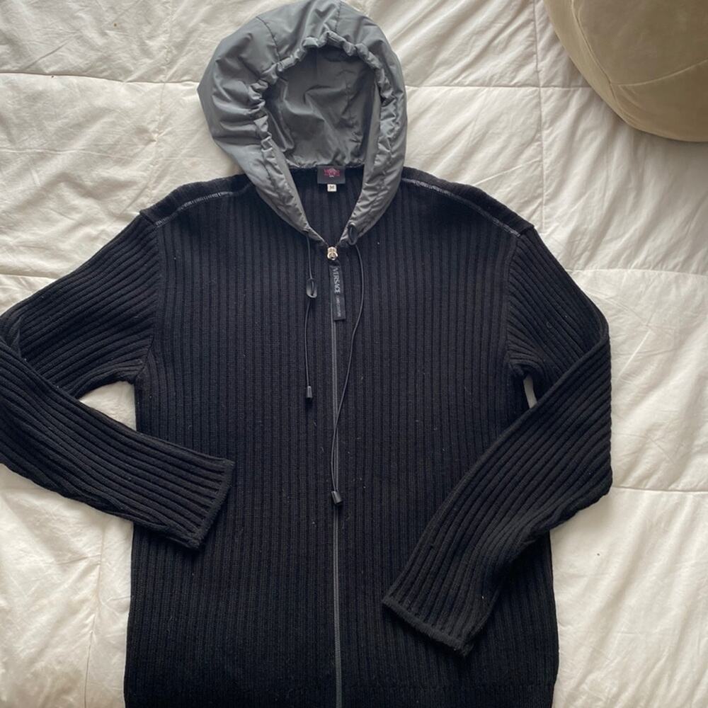 Versace Jeans Couture Zip Up Ribbed Sweater with Hood